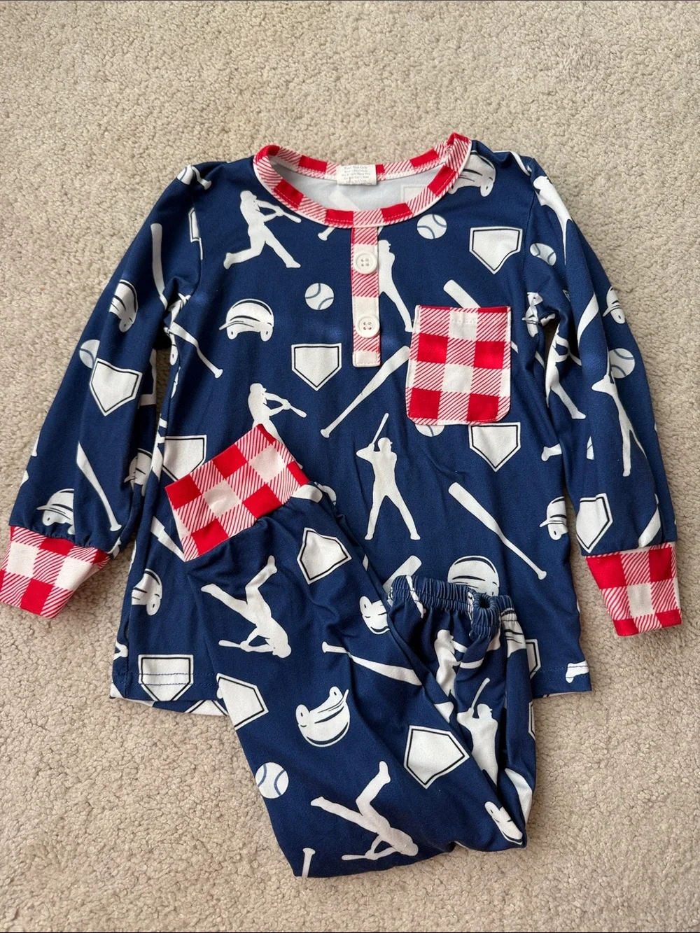 Navy Baseball Print Pajama Set with Red Gingham Trim